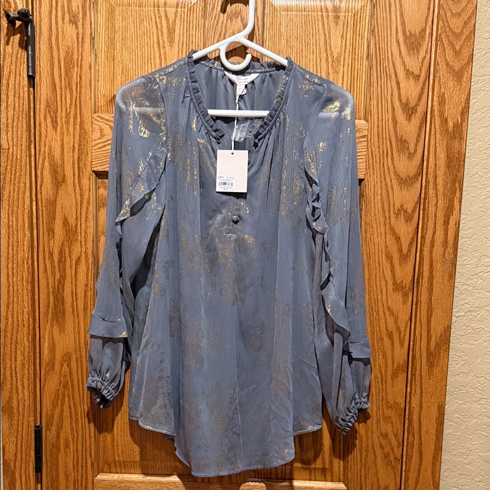 LC Lauren Conrad Sheer Gray Blouse with Gold Highlights